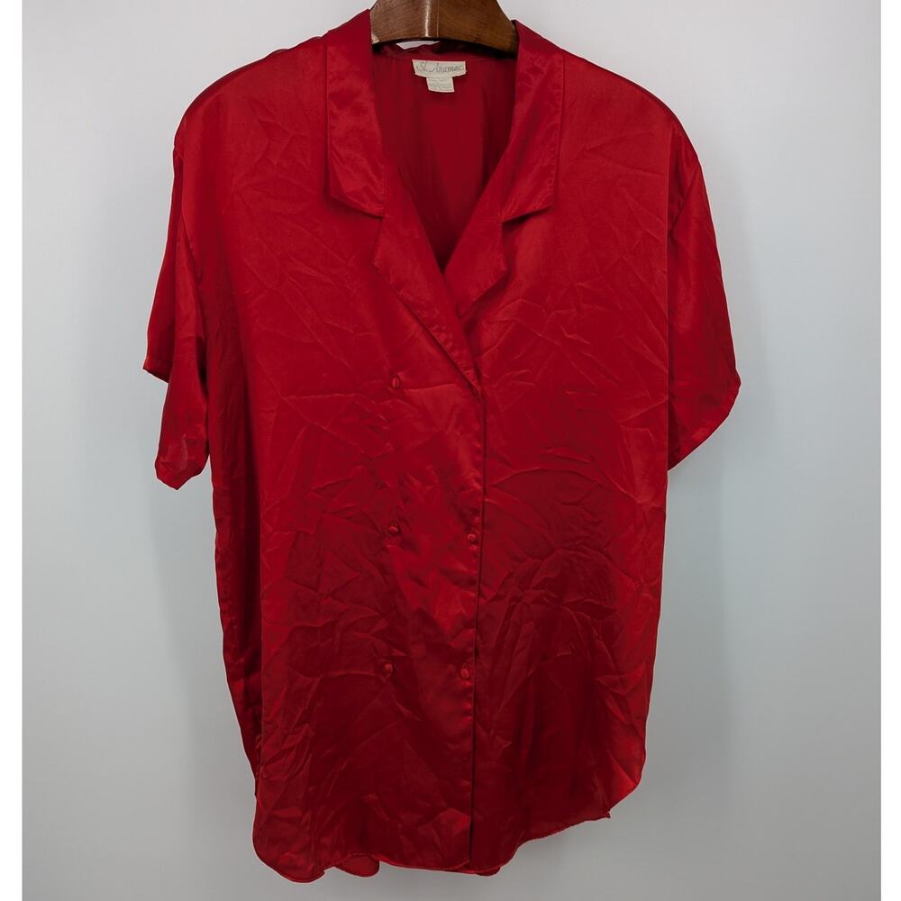 Vintage St Aromac Red Faux Silk Jacquard Button Blouse Size L 80s 90s Retro